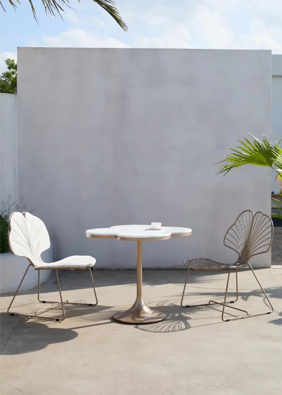 YEA ginkgo chairs and table against a white garden wall